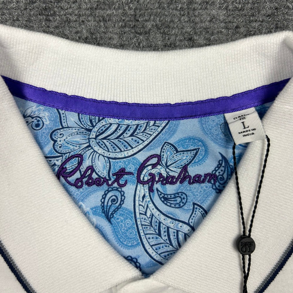 Robert Graham Rossi Polo Shirt Mens L White Skull Rose Logo Embroidery Top - Picture 5 of 12